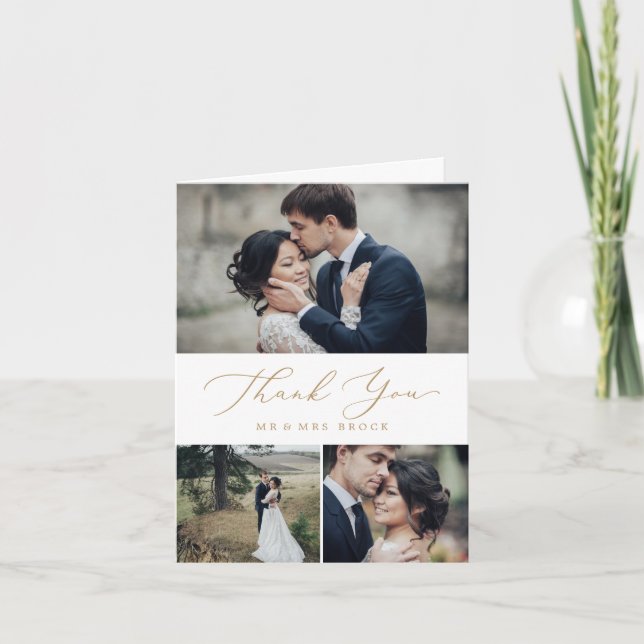 Tarjeta De Agradecimiento Delicada caligrafía de oro 3 Collage de fotos (Anverso)