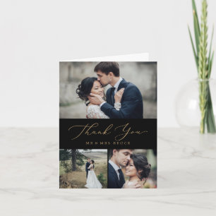 Tarjeta De Agradecimiento Delicada caligrafía de oro   Collage de fotos negr