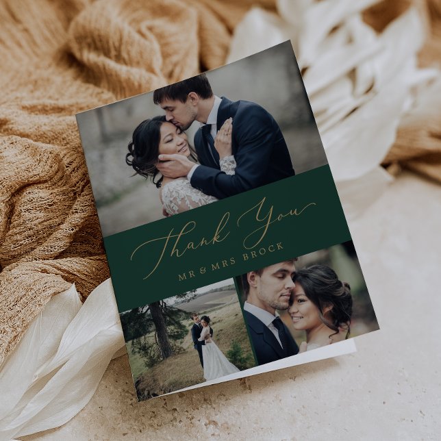 Tarjeta De Agradecimiento Delicada caligrafía de oro | Collage de fotos verd (Subido por el creador)