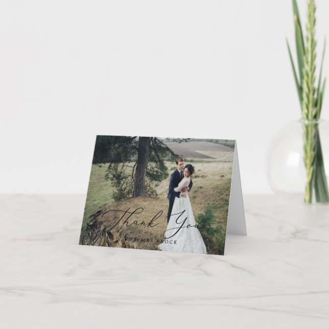 Tarjeta De Agradecimiento Delicada foto de luz de caligrafía negra (Anverso)