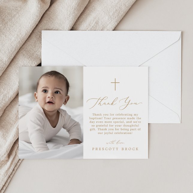 Tarjeta De Agradecimiento Delicada foto de oro Baptismo simple mínimo cruzad (Delicate Gold Photo Minimal Simple Cross Baptism Thank You Card)