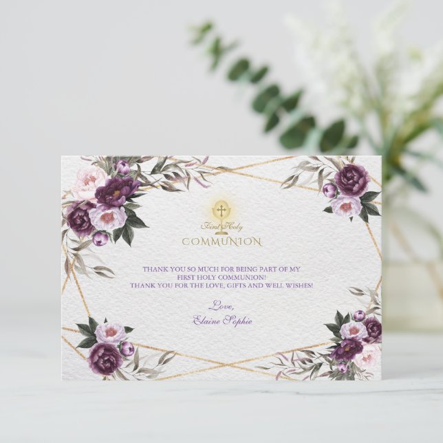 Tarjeta De Agradecimiento Delicada peonía rosada morada florece comunión sag (Anverso de pie)