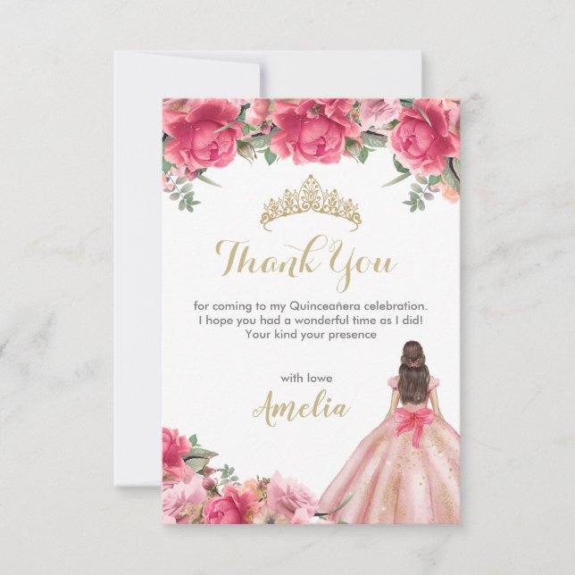 Tarjeta De Agradecimiento Delicada Princesa Floral Rosa Rosa Gold Quinceañer (Anverso)