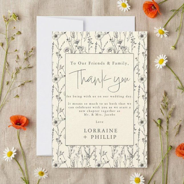 Tarjeta De Agradecimiento Delicado boda de estampado de flores silvestres (Delicate wild flowers garden pattern wedding thank you card.)
