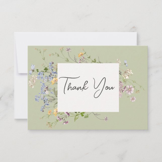 Tarjeta De Agradecimiento Delicado Boda Verde Boho Wildflowers (Anverso)