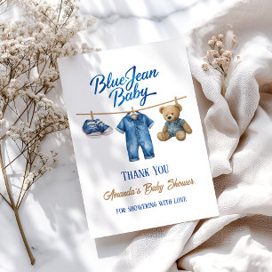 Tarjeta De Agradecimiento Denim Bear Clothesline Boy Blue Jean Baby Shower