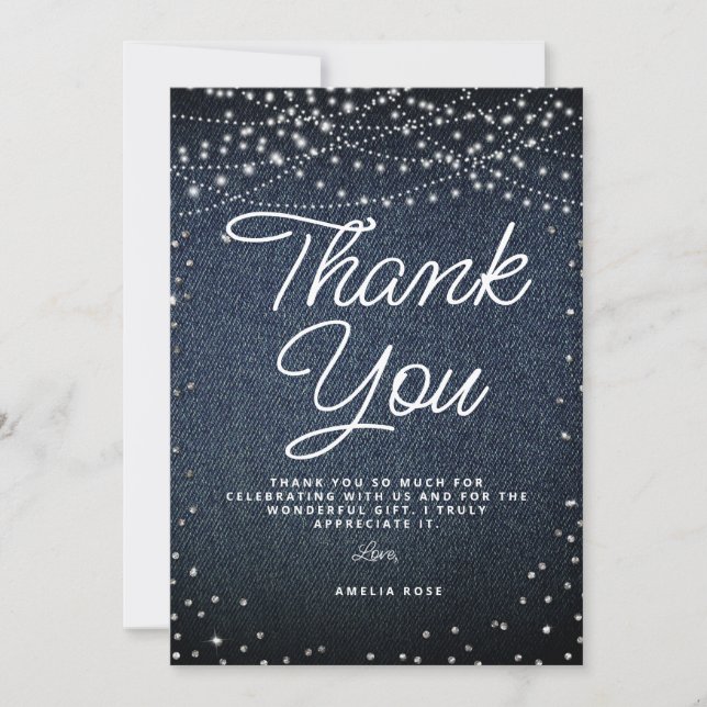 Tarjeta De Agradecimiento Denim Diamonds Rústica Luces Elegante Guión Azul (Anverso)