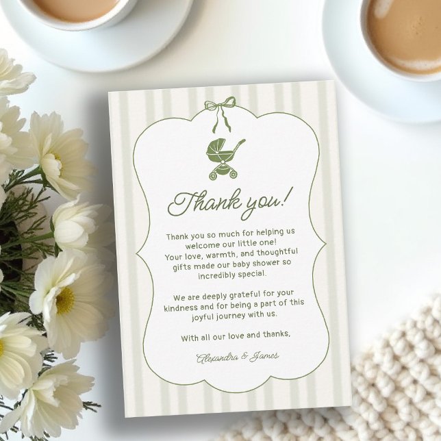 Tarjeta De Agradecimiento Desayuno Brunch de Bienvenida al Bebé con Rayas (baby shower brunch thank you card coffee theme brewing olive green bistro hand drawn paris bistro)