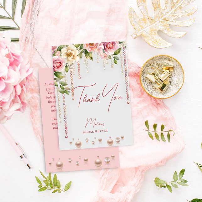 Tarjeta De Agradecimiento Desayuno de boda elegante perlas y prosecco (Pearls and prosecco bridal shower elegant thank you card blush pink roses and pearls thank you card)