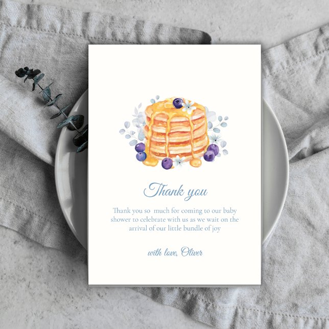Tarjeta De Agradecimiento Desayuno de Panqueques de Arándanos Florales Azule (Blue Floral Blueberry Pancake Brunch Baby Shower Thank You Card)