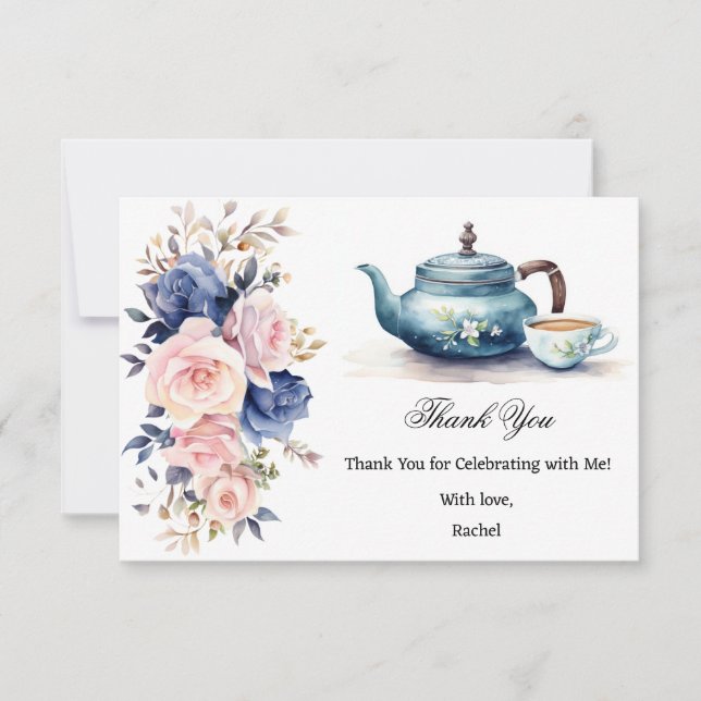 Tarjeta De Agradecimiento Desayuno Nupcial con Tema de Té Floral Azul y Rosa (Anverso)