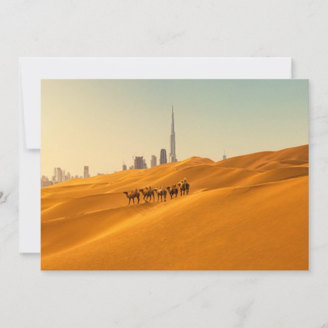 Tarjeta De Agradecimiento Desiertos | Vista aérea de Dubai con camellos (Anverso)