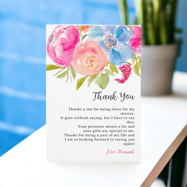 Tarjeta De Agradecimiento Despedida de soltera bohemio de flores rosadas y a (Bohemian pink blue floral watercolor bridal shower thank you card)