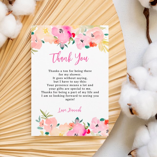 Tarjeta De Agradecimiento Despedida de soltera boho chic floral de primavera (Spring pink boho chic garden floral bridal shower thank you card)