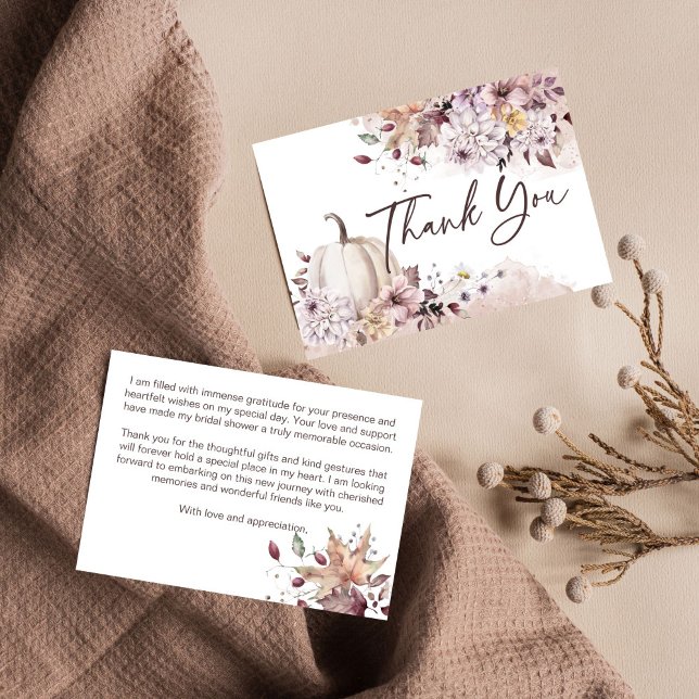 Tarjeta De Agradecimiento Despedida de soltera boho pumpkin enamorarse agrad (Fall in love boho pumpkin autumn themed bridal shower thank you card watercolor pastel dahlia )
