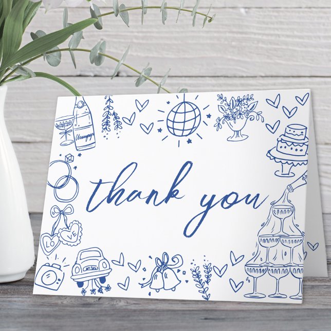 Tarjeta De Agradecimiento Despedida de Soltera Caprichosa Dibujada a Mano Az (Hand Drawn Blue Whimsical Bridal Shower Thank You Card)