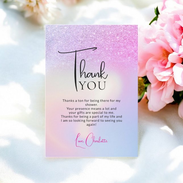 Tarjeta De Agradecimiento Despedida de soltera con brillo holográfico rosa y (Pink Purple Glitter Holographic bridal shower Thank You Card)
