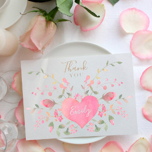 Tarjeta De Agradecimiento Despedida de soltera con corazón y flores rosas