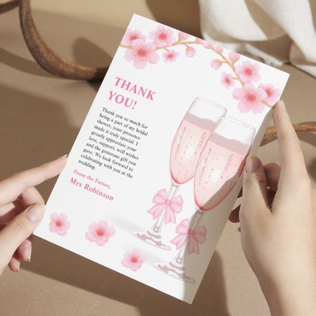 Tarjeta De Agradecimiento Despedida de soltera con flores de lazo rosa y Pro (Pink Bow Floral Petals and Prosecco Bridal Shower Thank You Card )
