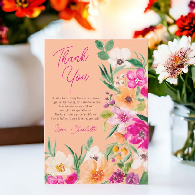 Tarjeta De Agradecimiento Despedida de soltera con flores silvestres brillan (Bright bold wild flowers script bridal shower thank you card)