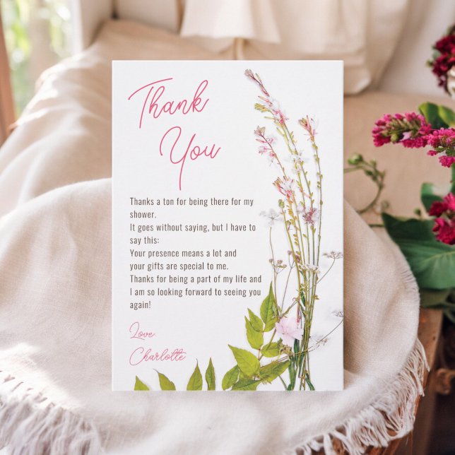 Tarjeta De Agradecimiento Despedida de soltera con fotografía de escritura d (Modern boho wildflowers script photo bridal shower thank you card)