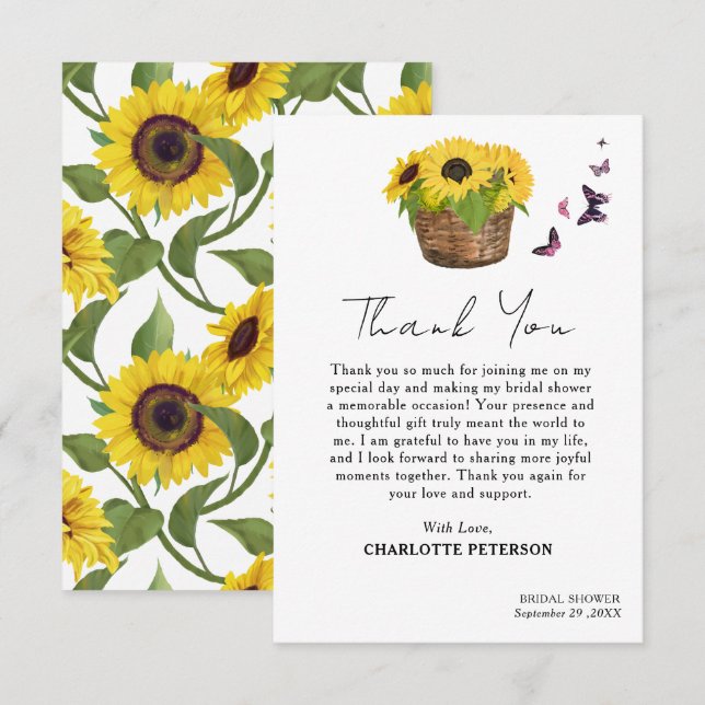 Tarjeta De Agradecimiento Despedida de Soltera con Girasoles Amarillos Rústi (Anverso / Reverso)