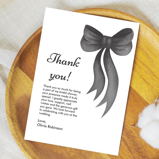 Tarjeta De Agradecimiento Despedida de soltera con lazo negro Está atando el (Black Bow She's Tying the Knot Bridal Shower Thank You Card  )