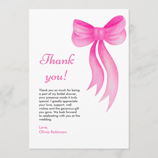 Tarjeta De Agradecimiento Despedida de soltera con lazo rosa Ella está atand (Anverso)