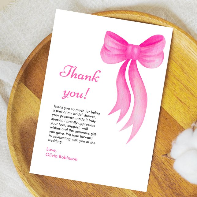 Tarjeta De Agradecimiento Despedida de soltera con lazo rosa Ella está atand (Pink Bow She's Tying the Knot Bridal Shower Thank You Card   )