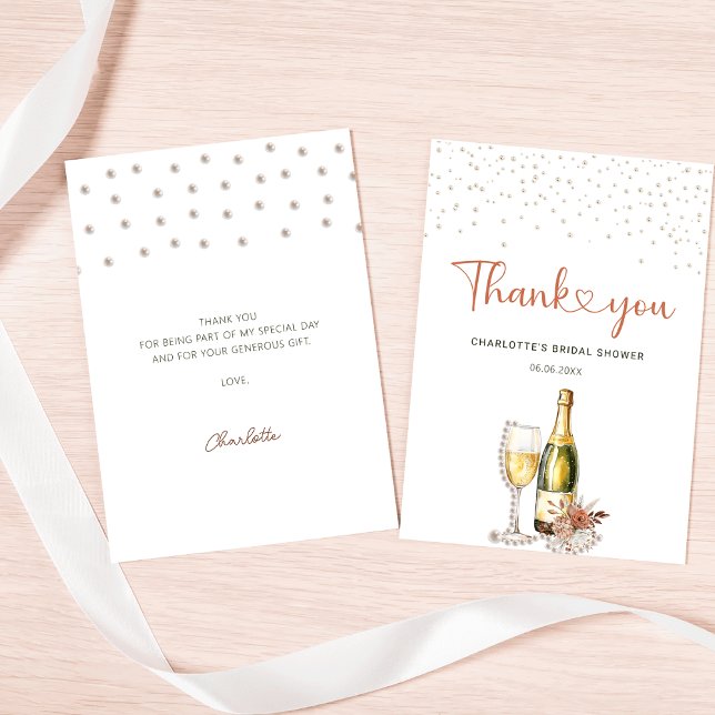 Tarjeta De Agradecimiento Despedida de Soltera con Perlas Elegantes y Prosec (Elegant Pearls and Prosecco Bridal Shower Thank You Card
)