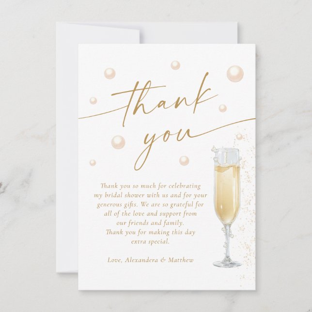 Tarjeta De Agradecimiento Despedida de soltera con perlas y Prosecco (Anverso)