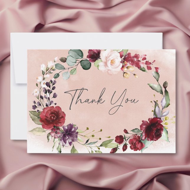 Tarjeta De Agradecimiento Despedida de Soltera con Rosas Rústicas de Borgoña (Rustic Burgundy & Blush Pink Roses Bridal Shower Thank You Card)