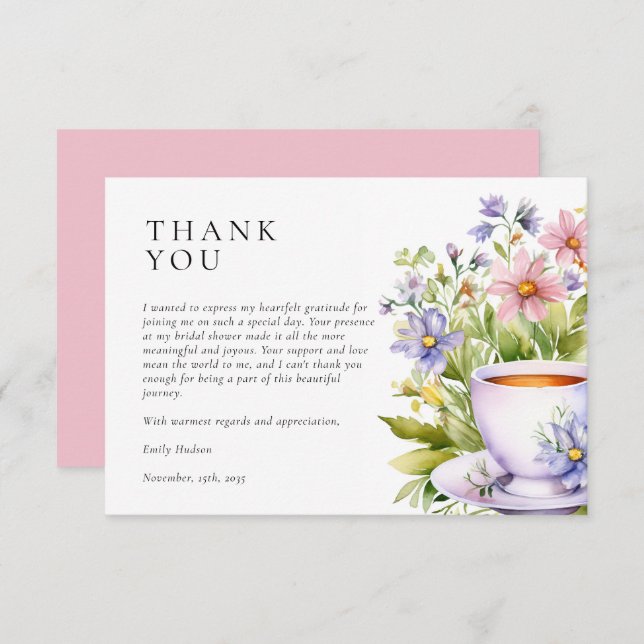 Tarjeta De Agradecimiento Despedida de soltera con té floral (Anverso / Reverso)