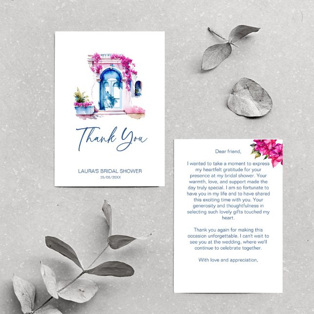 Tarjeta De Agradecimiento Despedida de soltera con tema mediterráneo de buga (Bougainvillea Mediterranean themed bridal shower Thank You Card bridal shower thank you)