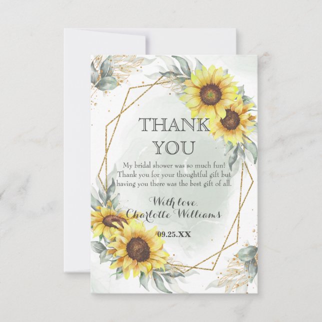 Tarjeta De Agradecimiento Despedida de soltera elegante con girasoles en acu (Anverso)