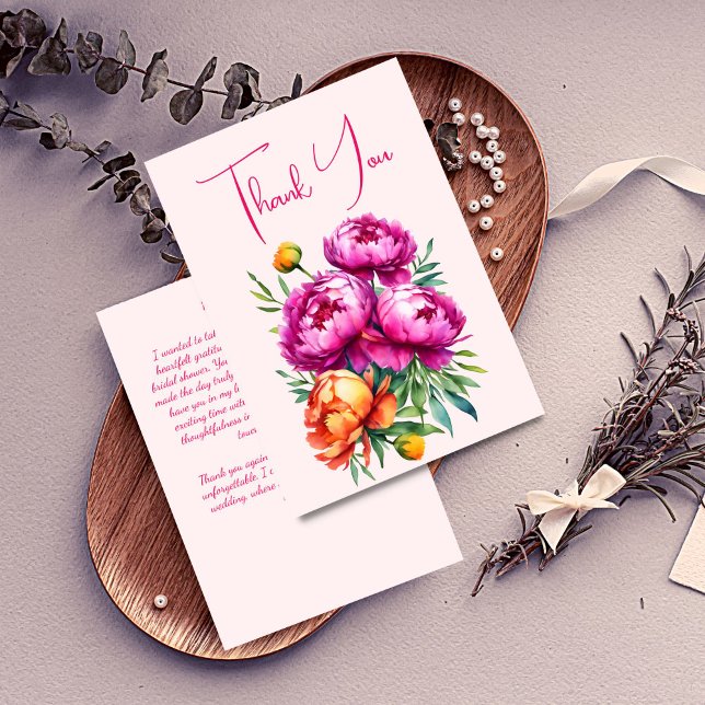 Tarjeta De Agradecimiento Despedida de soltera elegante con peonías magenta  (Pink magenta peach peonies elegant bridal shower thank you card spring summer bold colorful floral)