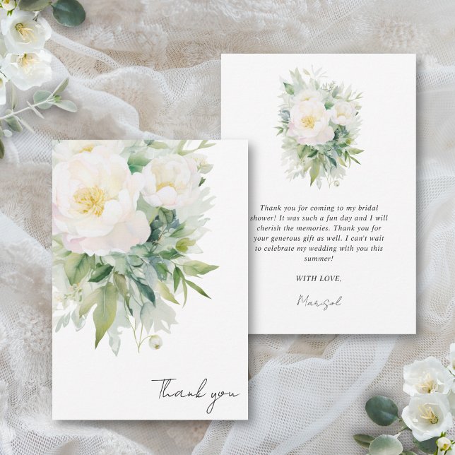 Tarjeta De Agradecimiento Despedida de Soltera Fiesta para la Novia (This elegant bridal shower thank you card features a neutral white floral color palette)