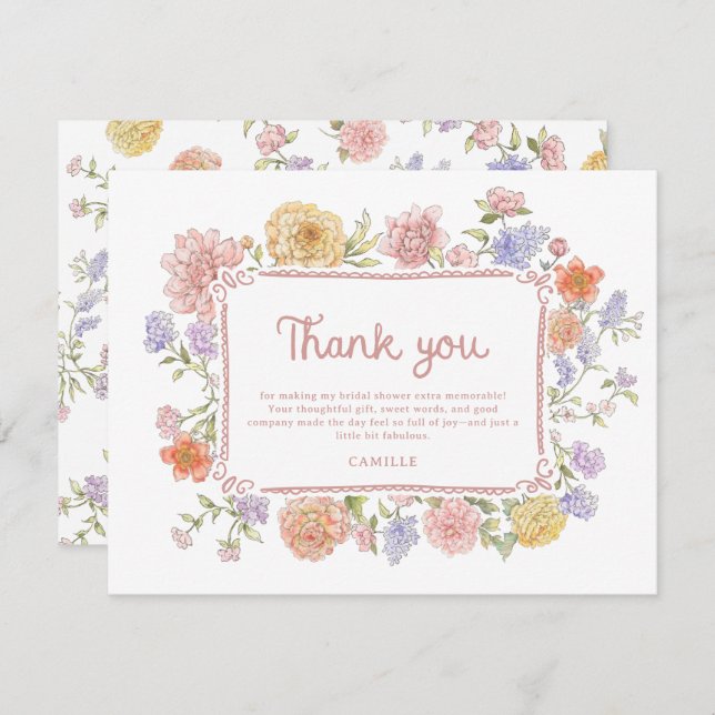 Tarjeta De Agradecimiento Despedida de Soltera Floral Caprichosa  (Anverso / Reverso)