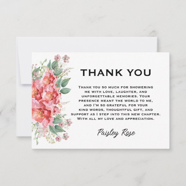 Tarjeta De Agradecimiento Despedida de Soltera Floral Elegante Rosa (Anverso)