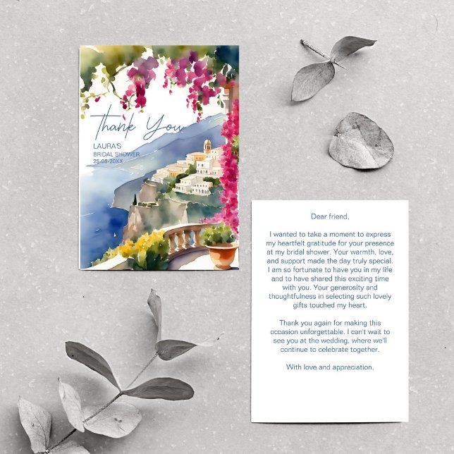 Tarjeta De Agradecimiento despedida de soltera italiana mediterránea costa d (Amalfi coast Mediterranean Italian bridal shower Thank You Card Positano bridal shower thank you)