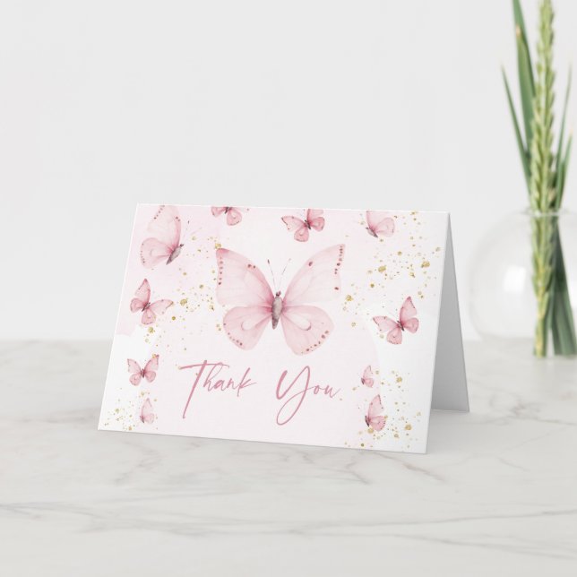 Tarjeta De Agradecimiento Despedida de soltera Mariposas Rosa Oro (Anverso)