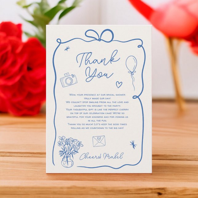 Tarjeta De Agradecimiento Despedida de soltera retro azul ilustrada a mano (Retro blue hand drawn illustrated bridal shower thank you card)