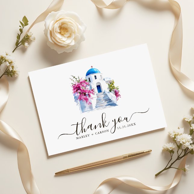 Tarjeta De Agradecimiento Destination Wedding Modern Bougainvillea Blue Dome (Subido por el creador)