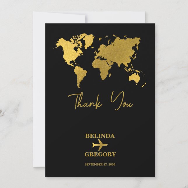 Tarjeta De Agradecimiento Destination Wedding World Passport Black Gold (Anverso)