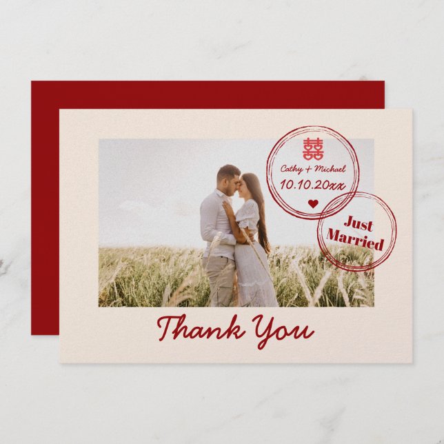 Tarjeta De Agradecimiento Destino rojo doble foto de felicidad de boda (Anverso / Reverso)