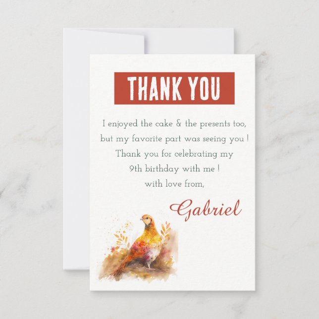 Tarjeta De Agradecimiento Detalles de Otoño Acuarela Faisán - Cumpleaños  (Anverso)