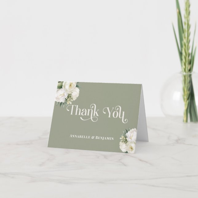 Tarjeta De Agradecimiento Detalles del Boda floral blanco y verde sabio (Anverso)