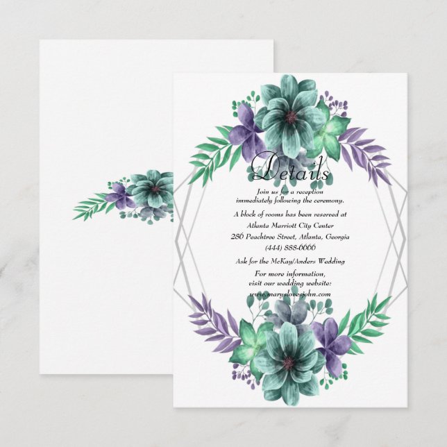 Tarjeta De Agradecimiento Detalles Florales de Boda con Acuarela Verde y Mor (Anverso / Reverso)