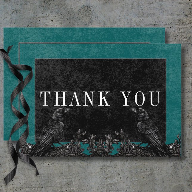 Tarjeta De Agradecimiento Detalles Verde azulados de la avenida negra gótica (Gothic Black Raven & Black Roses Teal Details Thank You Card)