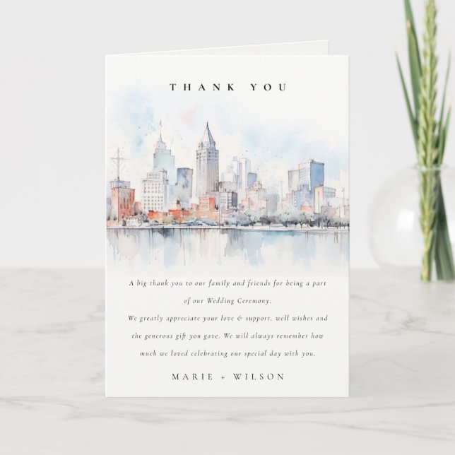 Tarjeta De Agradecimiento Detroit Michigan Watercolor Landscape Wedding (Anverso)